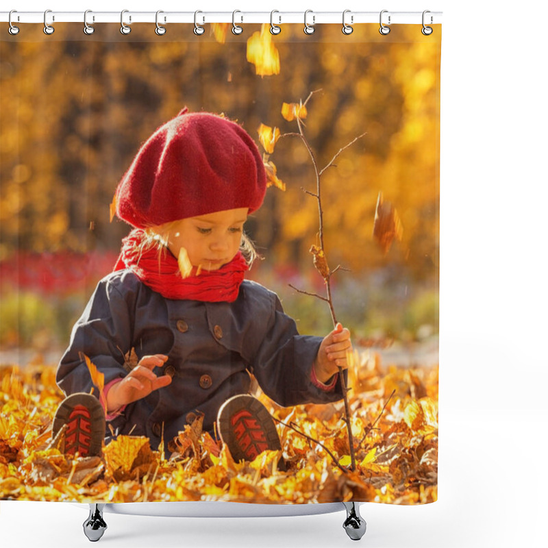 Personality  Happy Autumn. A Little Girl In A Red Beret Is Playing With Falling Leaves And Laughing. Shower Curtains