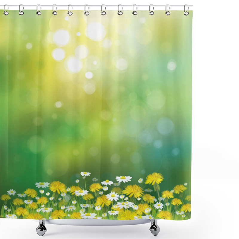 Personality  Vector Sunshine Background With Chamomiles And Dandelions. Shower Curtains