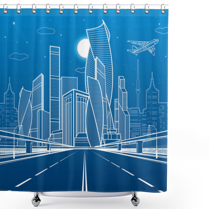 Personality  Wide Highway. Urban Infrastructure Illustration, Futuristic City On Background, Modern Architecture. Airplane Fly. White Lines On Blue Background, Night Scene, Vector Design Art Shower Curtains