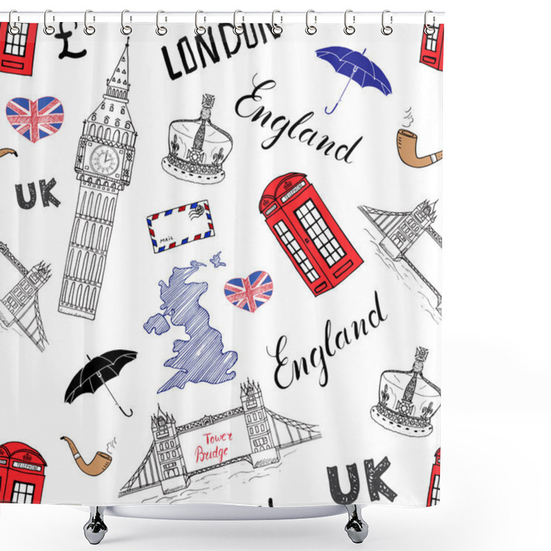 Personality  London City Doodles Elements Seamless Pattern. With Hand Drawn Tower Bridge, Crown, Big Ben, Red Bus, UK Map, Flag,and Lettering, Vector Illustration Isolated Shower Curtains