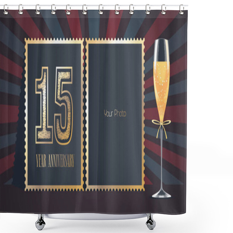 Personality  15 Years Anniversary Vector Icon, Logo. Template Design, Greeting Card With Collage Of Photo Frames, Number For 15th Anniversary And Champagne For Background Or Banner Shower Curtains