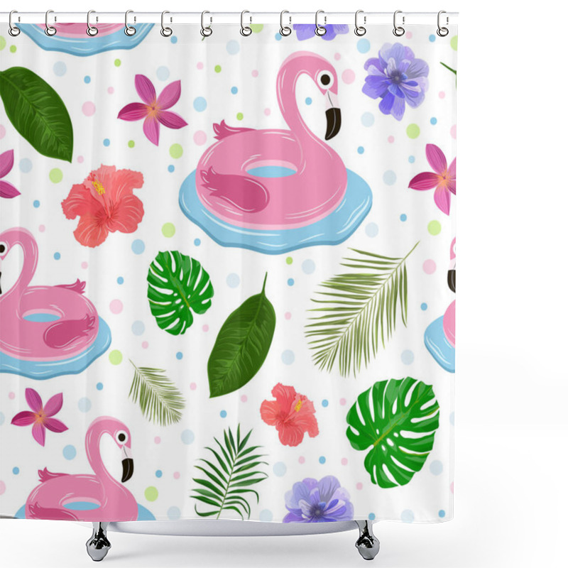 Personality  Vector Seamless Pattern With Pink Inflatable Flamingos And Exotic Leaves And Flowers Shower Curtains