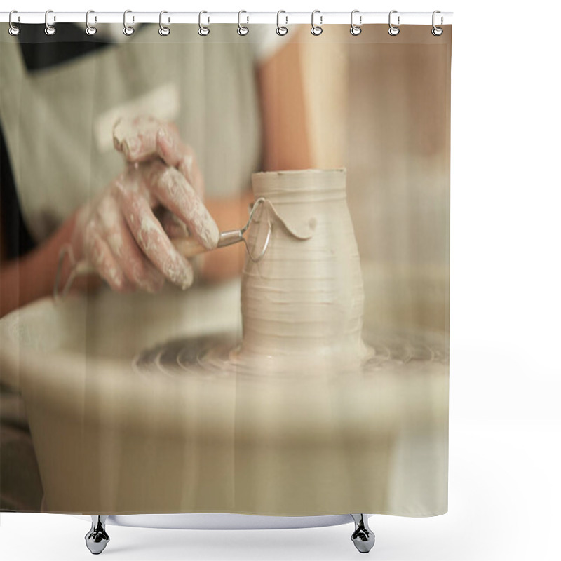 Personality  Potter With Tool Shaping Clay Vessel Shower Curtains