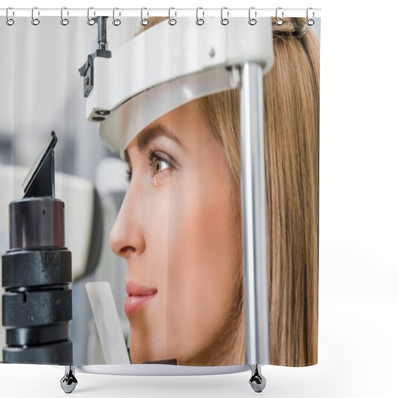 Personality  Close Up Of Attractive Patient Examining Her Eyes With Slit Lamp In Clinic Shower Curtains