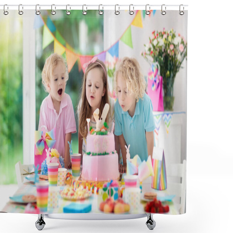 Personality  Kids Birthday Party. Children Blow Out Candles On Pink Bunny Cake. Pastel Rainbow Decoration And Table Setting For Kids Event, Banner And Flag. Girl And Boy With Birthday Presents. Family Celebration. Shower Curtains