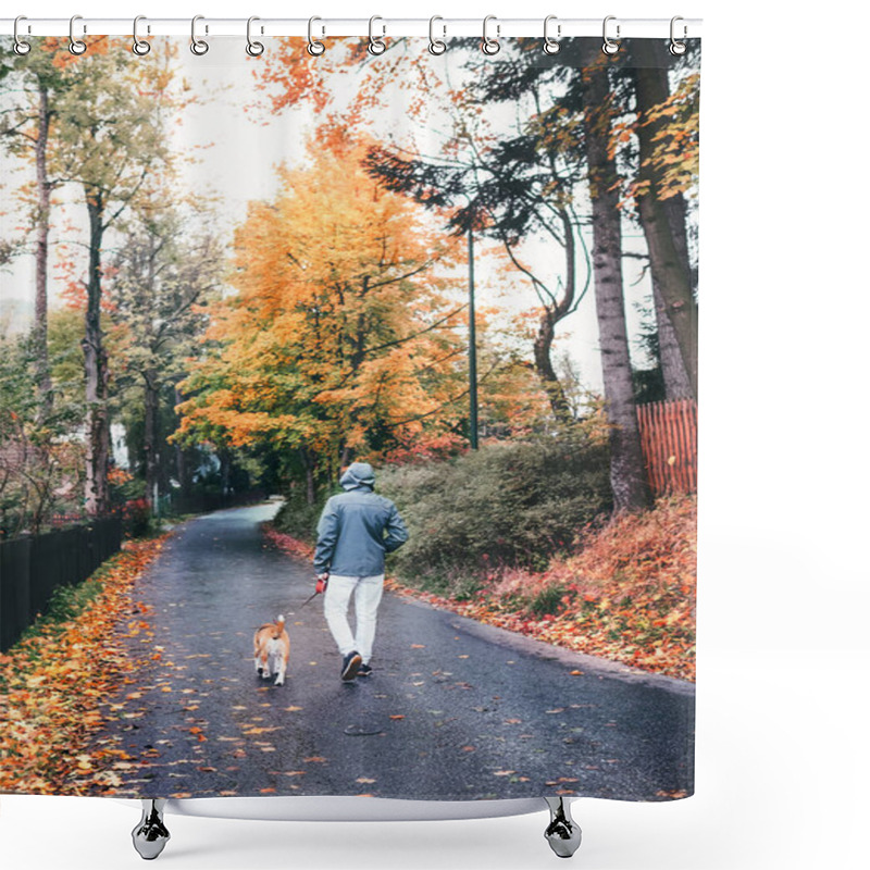 Personality  Man Walks With Beagle Dog In Rainy Autumn Day Shower Curtains