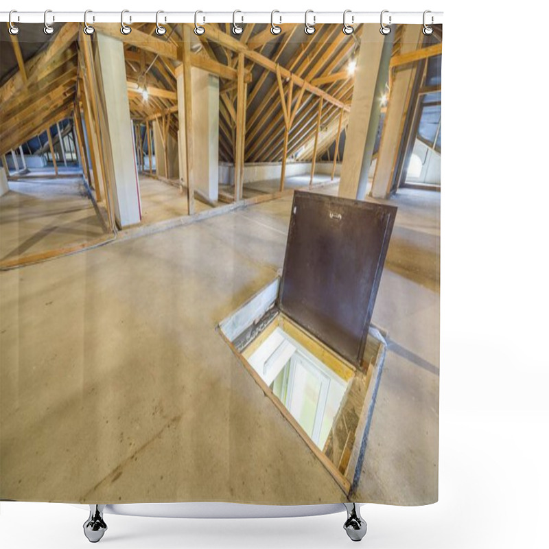 Personality  Attic Of A Building With Wooden Beams Of A Roof Structure And A  Shower Curtains