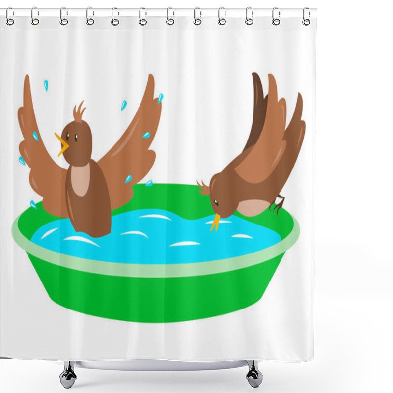 Personality  Vector Illustration - Two Funny Birds Drink Water And Bathe In A Bright Garden Tub Isolated. Concept - Taking Care Of Birds Shower Curtains