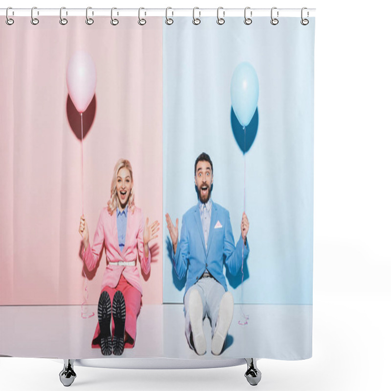 Personality  Shocked Woman And Handsome Man Holding Balloons On Pink And Blue Background  Shower Curtains