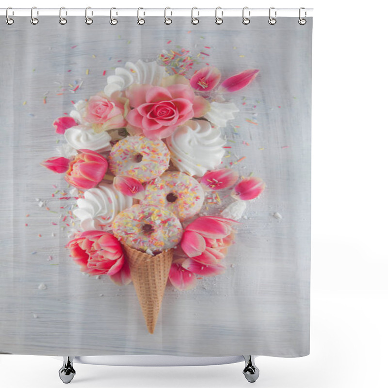 Personality  Flatlay Waffle Sweet Ice Cream Cone With Pink Tulips And Roses Blossom Flowers Over White Wood Background, Top View. Spring Or Summer Mood Concept. Shower Curtains