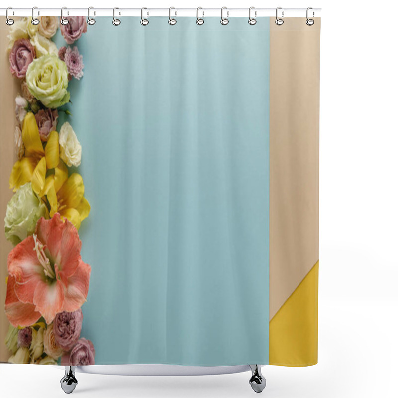 Personality  Top View Of Spring Floral Border On Beige, Blue And Yellow Background Shower Curtains