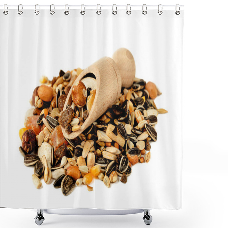 Personality  Heap Of Parrot Fodder Of Dried Fruits, Nuts And Seed Mix On White Background. Food For Birds Shower Curtains