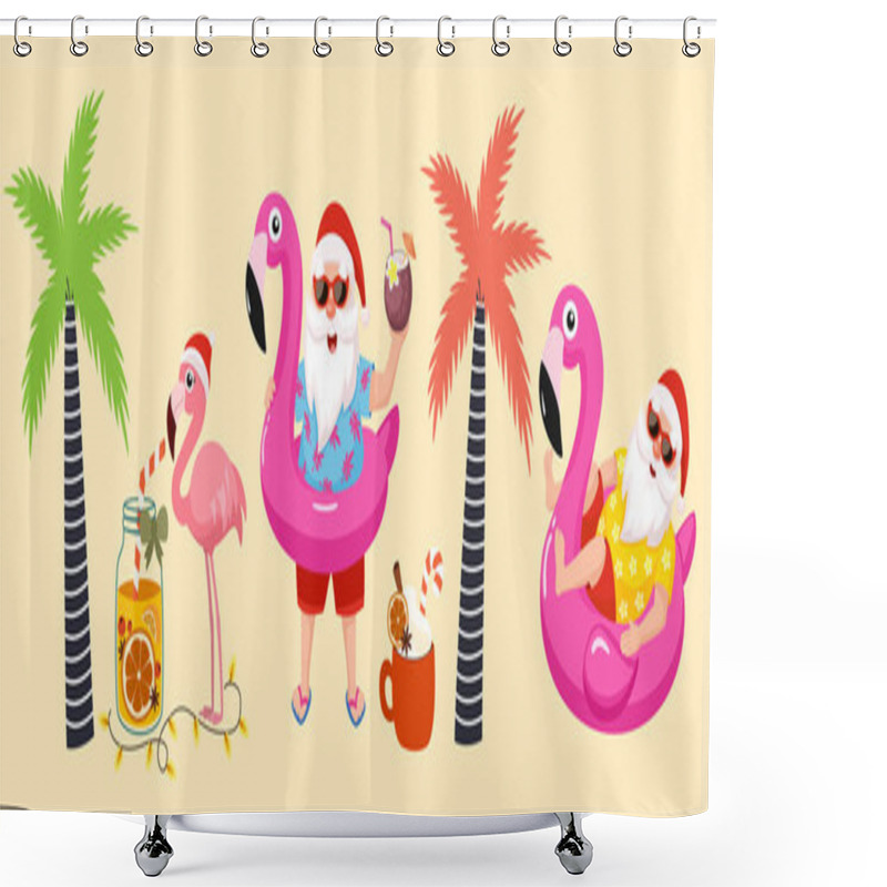 Personality  Tropical Christmas. Funny Tropical Collection Of Images With Santa, Flamingo, Palm Tree And Flamingo Inflatable Ring. Vector Illustrations. Shower Curtains