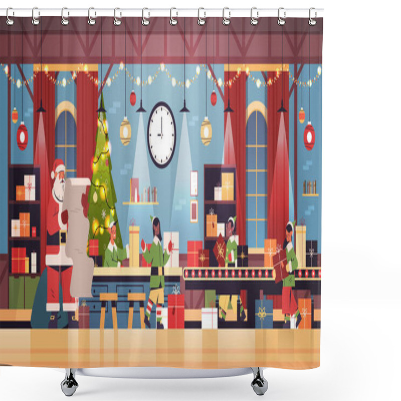 Personality  Santa Claus With Elves Putting Gifts On Machinery Line Conveyor Happy New Year Christmas Holidays Celebration Shower Curtains