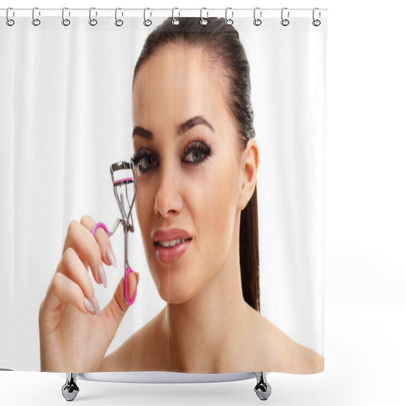 Personality  Woman Using Eyelash Curler Shower Curtains