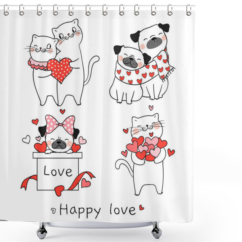 Personality  Draw Cat And Pug Dog With Little Heart For Valentine Shower Curtains