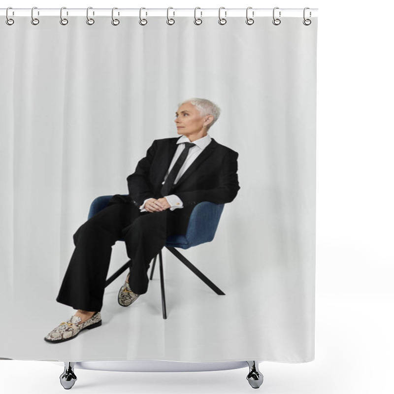 Personality  A Mature Woman Exudes Confidence In A Tailored Suit And Bold Footwear. Shower Curtains