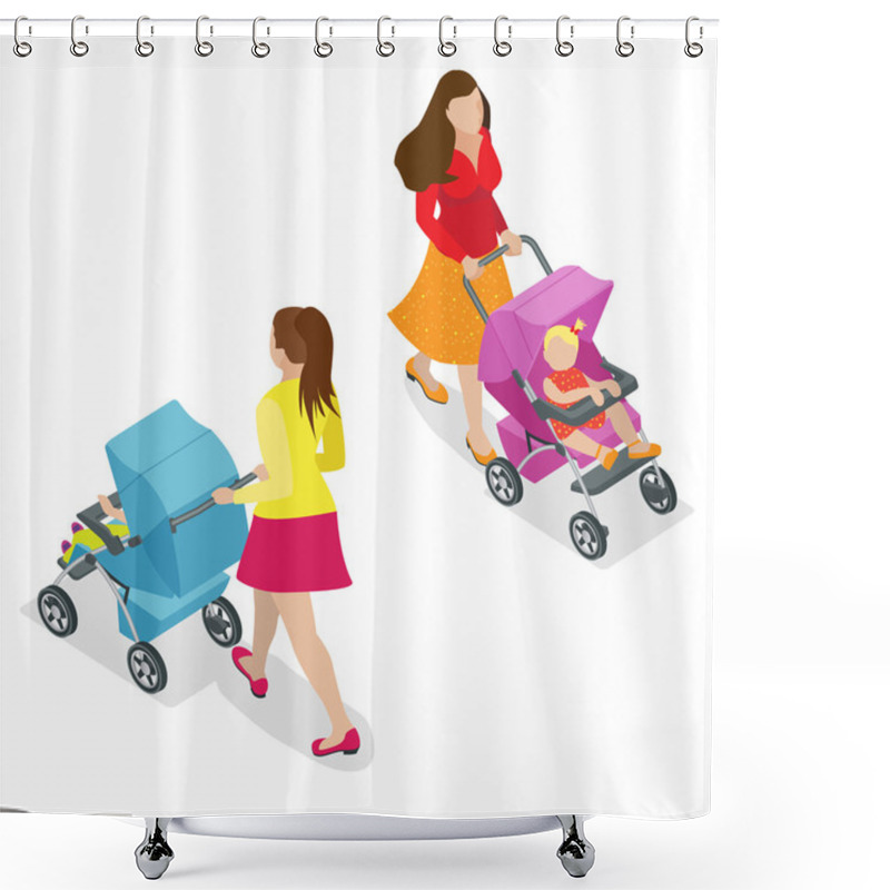 Personality  Beautiful Mother On Walking With Baby In Stroller. Isometric 3d Vector Illustration. Woman With Baby And Pram Isolated On White Shower Curtains