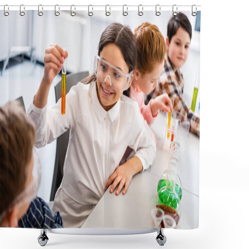 Personality  Pupils In Protective Goggles Holding Flasks During Chemistry Lesson Shower Curtains