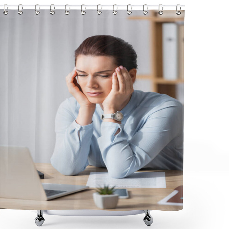 Personality  Tired Brunette Businesswoman With Headache Leaning On Workplace On Blurred Background Shower Curtains