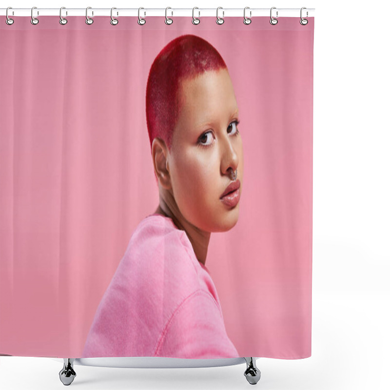 Personality  This Young Woman With Short Pink Hair And A Nose Piercing Displays Her Unique Fashion Sense In A Vibrant Studio. Shower Curtains