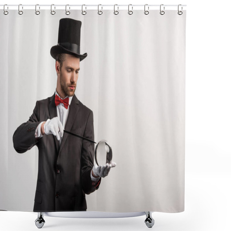 Personality  Professional Magician Holding Wand And Magic Ball, Isolated On Grey Shower Curtains