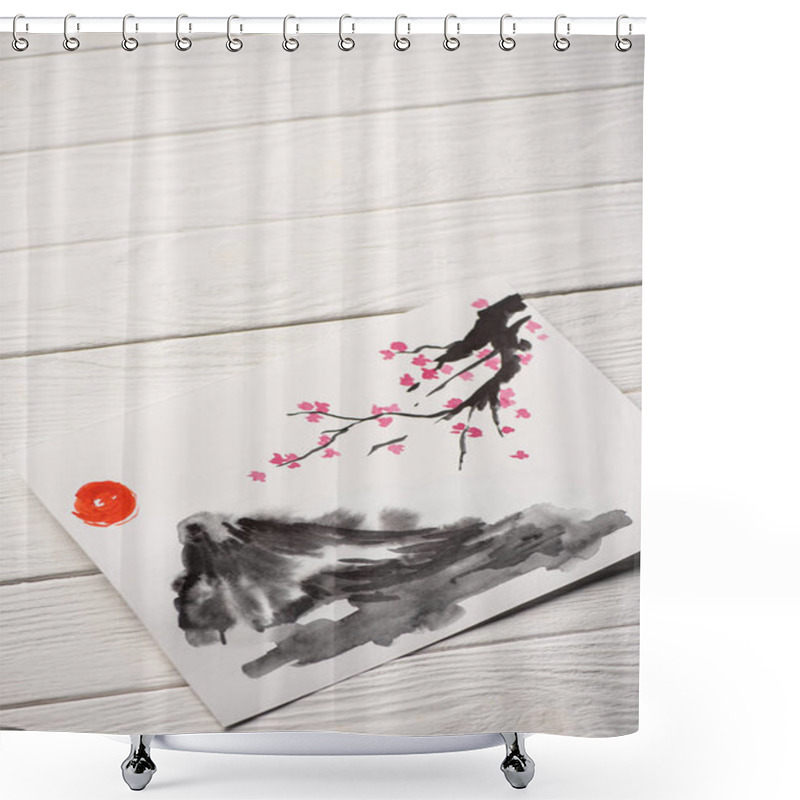 Personality  High Angle View Of Paper With Japanese Painting With Sun, Sakura Branches And Hill On Wooden Background Shower Curtains