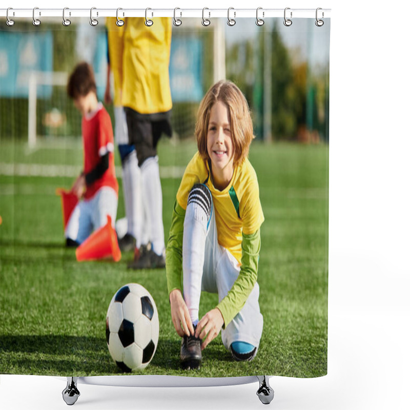 Personality  A Young Girl With A Bright Smile Plays With A Soccer Ball, Kicking And Dribbling With Enthusiasm In A Grassy Field On A Sunny Day. Shower Curtains