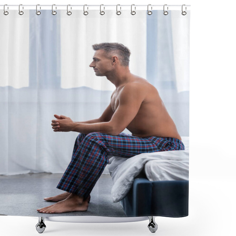 Personality  Side View Of Shirtless Man Sitting On Bed During Morning Time At Home Shower Curtains