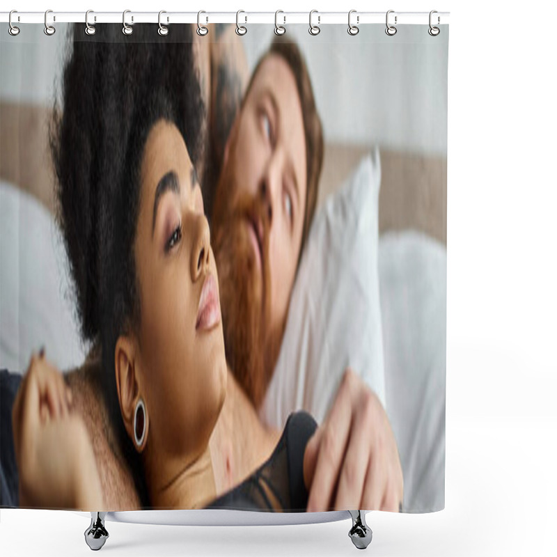 Personality  Young And Curly African American Woman In Lingerie Lying Next To Her Man In Bedroom, Banner Shower Curtains