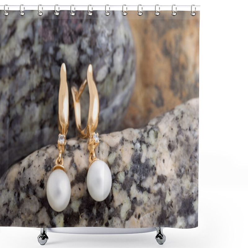 Personality  Gold Earrings With Diamonds And Pearls On The Natural Stones Bac Shower Curtains