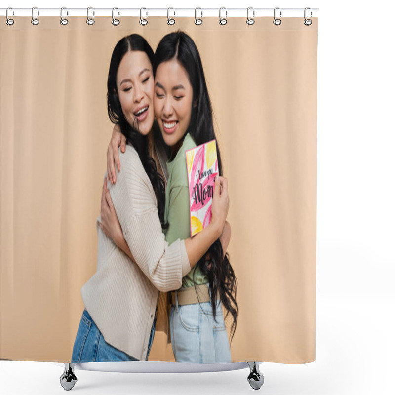 Personality  Asian Mother Holding Greeting Card And Hugging Happy Adult Daughter Isolated On Beige Shower Curtains