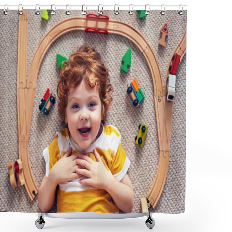 Personality  Adorable Happy Redhead Baby Boy Laying On The Carpet Among Railway Tracks And Trains, Wooden Toys Shower Curtains