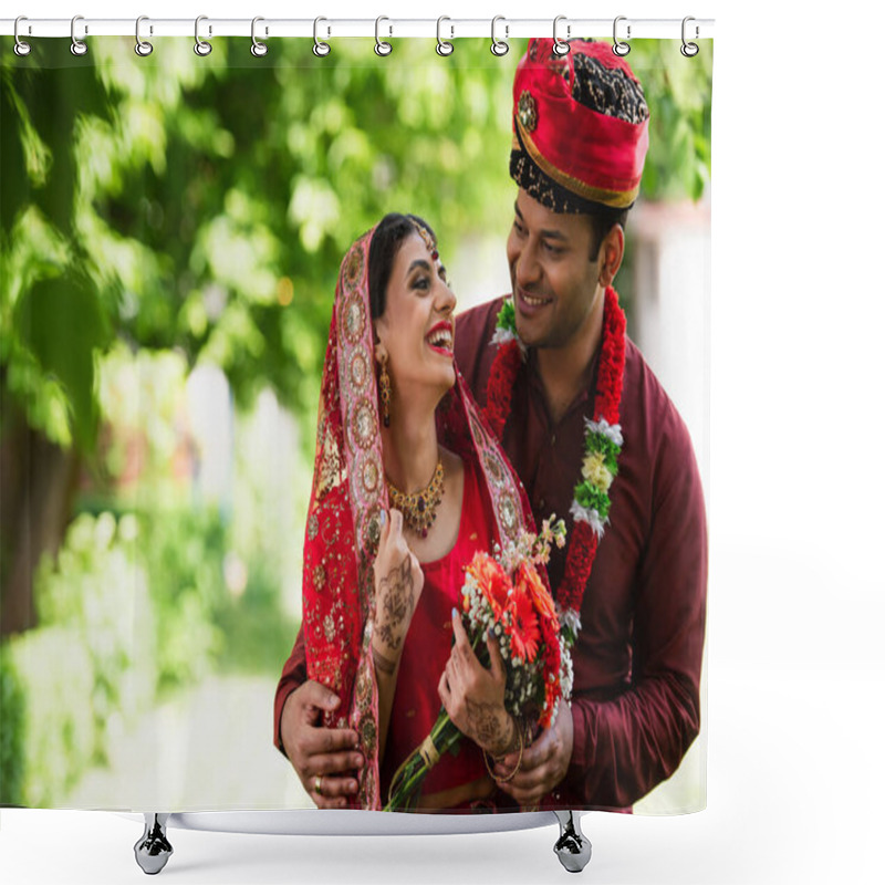 Personality  Happy Indian Married Couple In Traditional Wedding Clothes Looking At Each Other Outside Shower Curtains