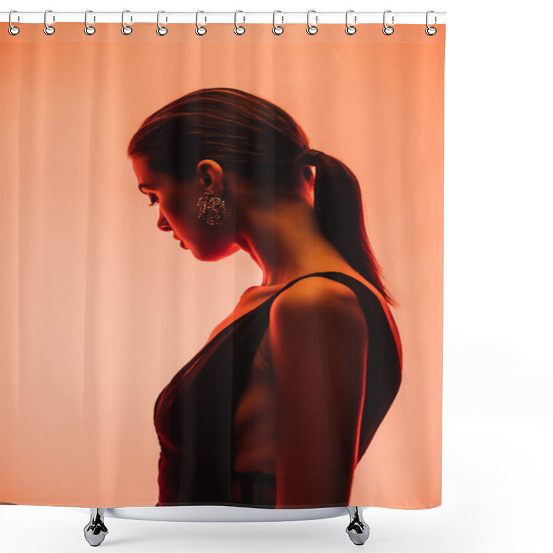 Personality  Profile Of Brunette Young Woman On Orange Background  Shower Curtains