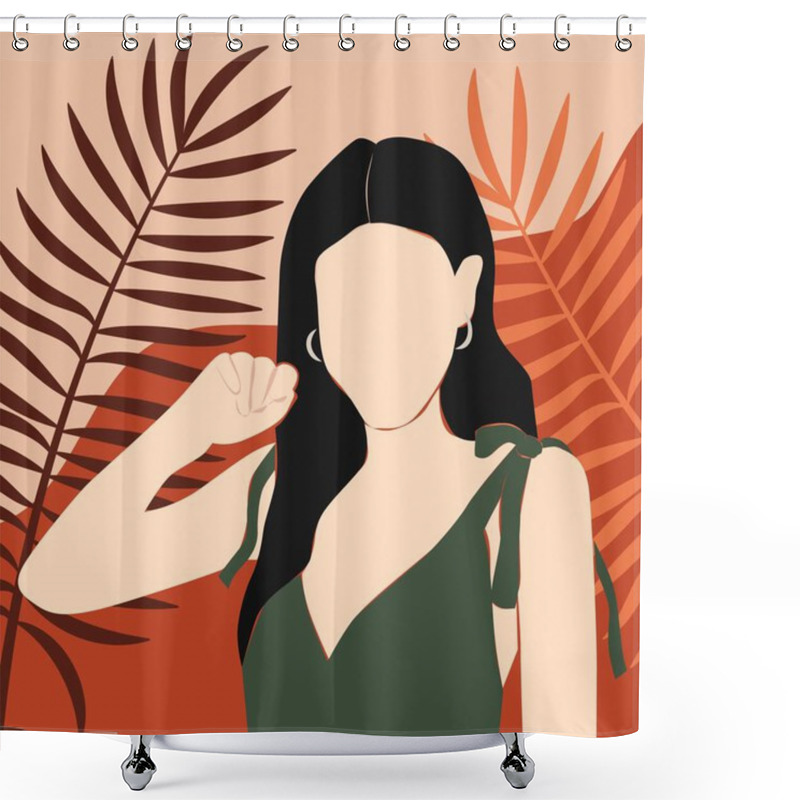 Personality  Image Of A Woman Against The Background Of Abstract Doodle And Decorative Tropical Plants. Portrait Of A Girl Made In A Minimalistic Style. Modern Art. Isolated Flat Vector Illustration. Shower Curtains