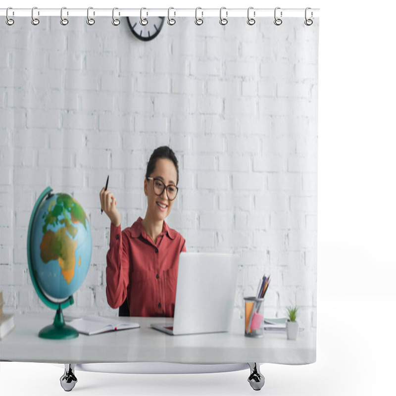 Personality  Happy Teacher In Eyeglasses Using Laptop And Holding Pen While Working From Home Shower Curtains