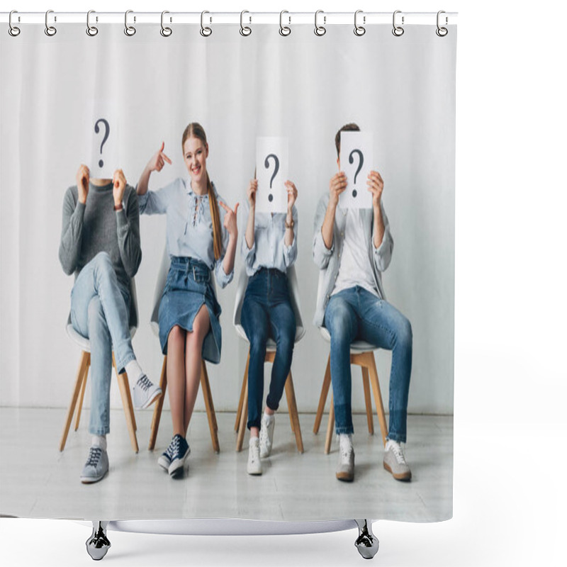 Personality  Cheerful Girl Pointing On Oneself Near Employees Holding Cards With Question Marks In Office  Shower Curtains