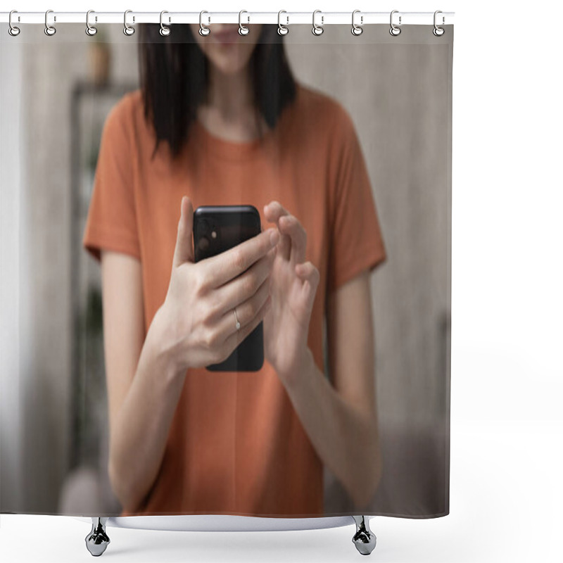 Personality  Close Up Of Woman Using Modern Smartphone Gadget Shower Curtains