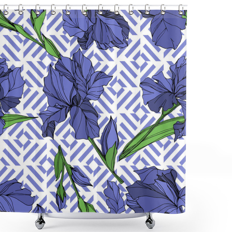 Personality  Vector Blue Iris Floral Botanical Flower. Wild Spring Leaf Wildflower Isolated. Blue And Green Engraved Ink Art. Seamless Background Pattern. Fabric Wallpaper Print Texture. Shower Curtains