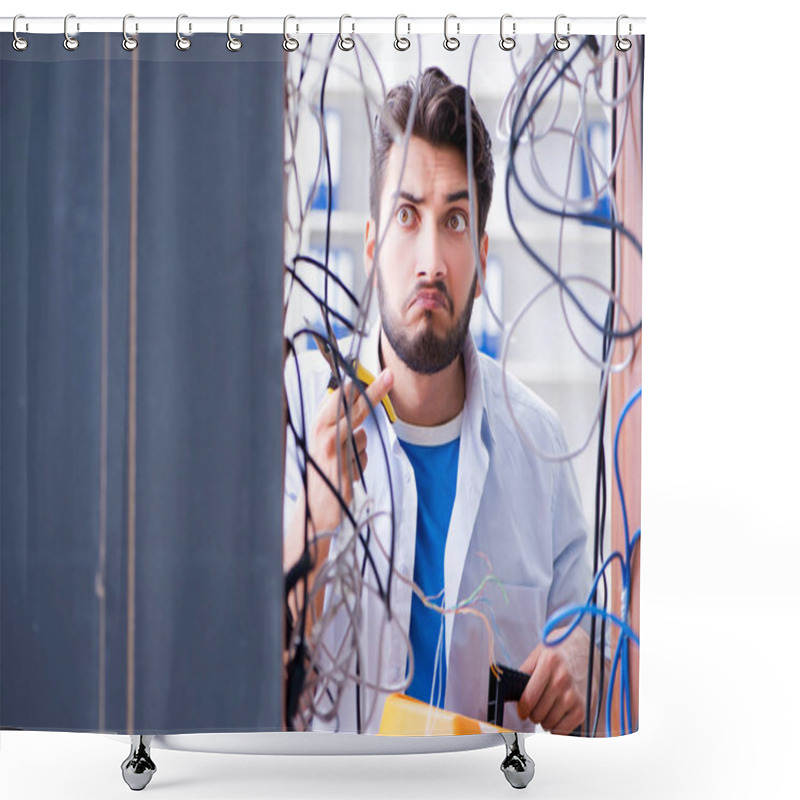 Personality  Electrician Trying To Untangle Wires In Repair Concept Shower Curtains