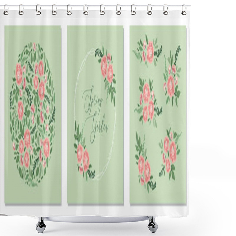 Personality  Cute Botanical Theme Set Of Floral Frame Background With Bouquets Of Hand Drawn Rustic Roses And Leaves Branches Shower Curtains