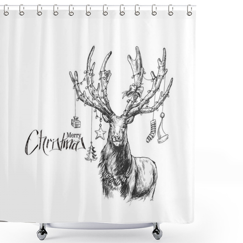 Personality  Happy Christmas - Cartoon Style Hand Sketchy Drawing Of Reindeer Shower Curtains