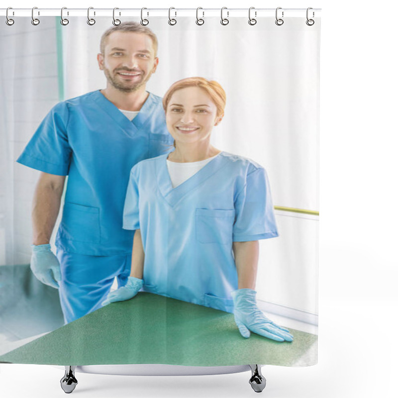 Personality  Smiling Two Veterinarians Standing In Uniform And Looking At Camera At Veterinary Clinic Shower Curtains