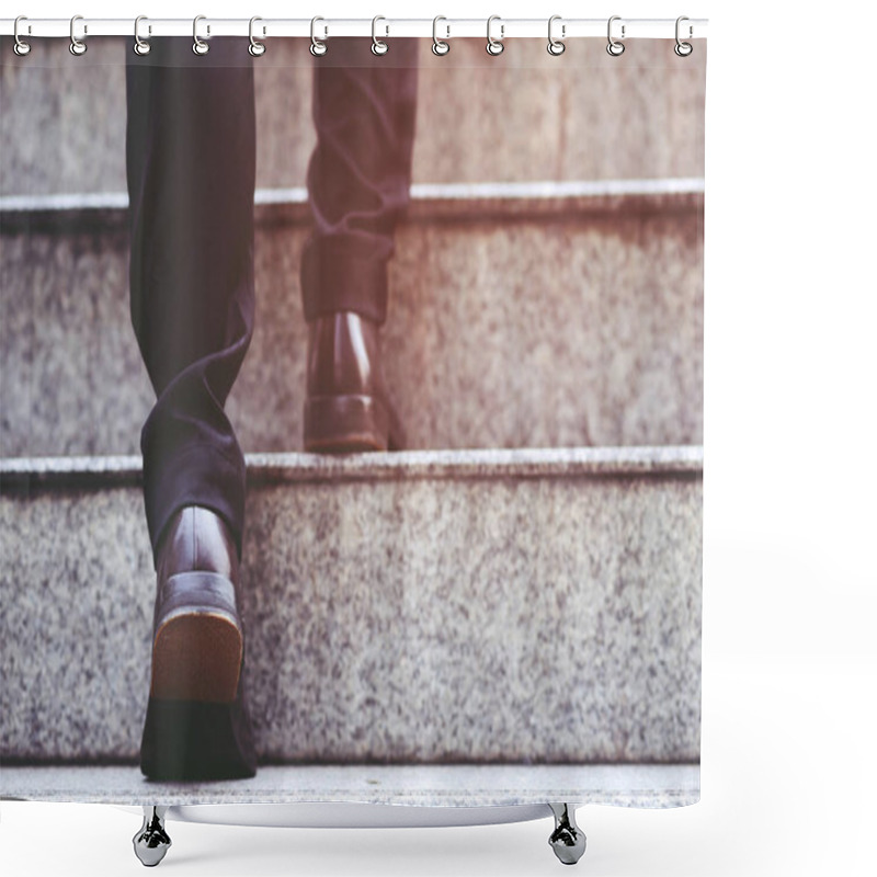 Personality  Modern Businessman Working Close-up Legs Walking Up The Stairs In Modern City. In Rush Hour To Work In Office A Hurry. During The First Morning Of Work. Stairway. Soft Focus. Shower Curtains