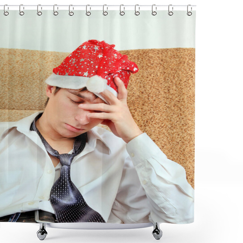 Personality  Sad Young Man In Santa Hat Shower Curtains