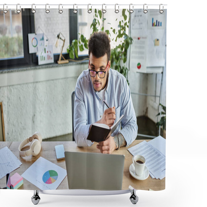 Personality  A Handsome Man Writes Notes While Analyzing Data In A Modern Office Filled With Greenery Shower Curtains