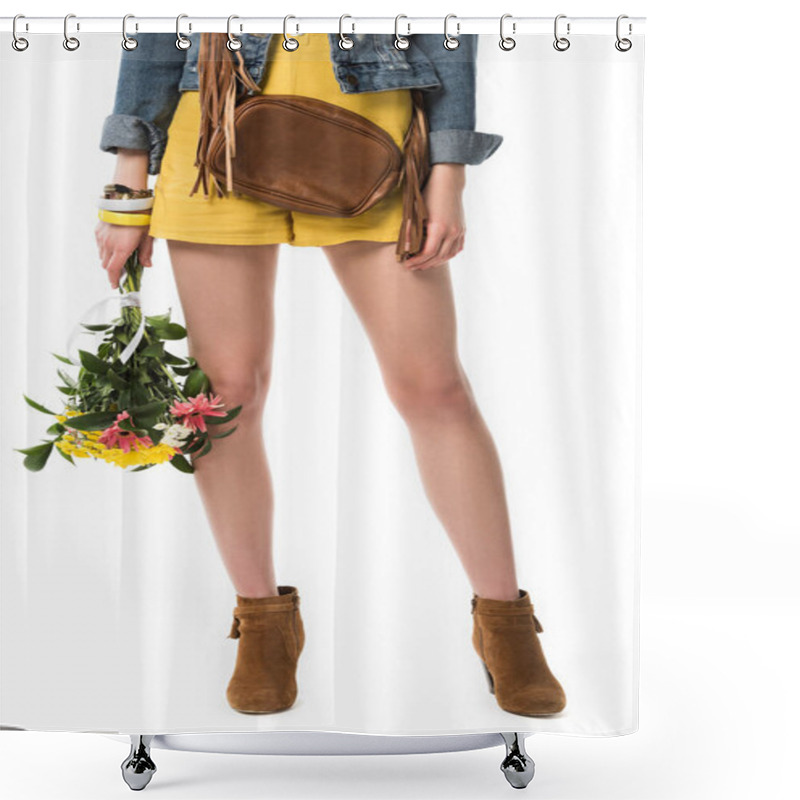 Personality  Cropped View Of Boho Girl In Straw Hat Holding Flowers Isolated On White Shower Curtains