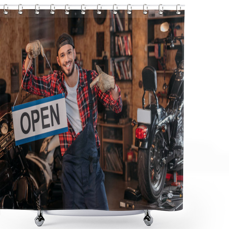 Personality  Happy Bike Repair Station Worker Pointing At Open Signboard At Garage Shower Curtains