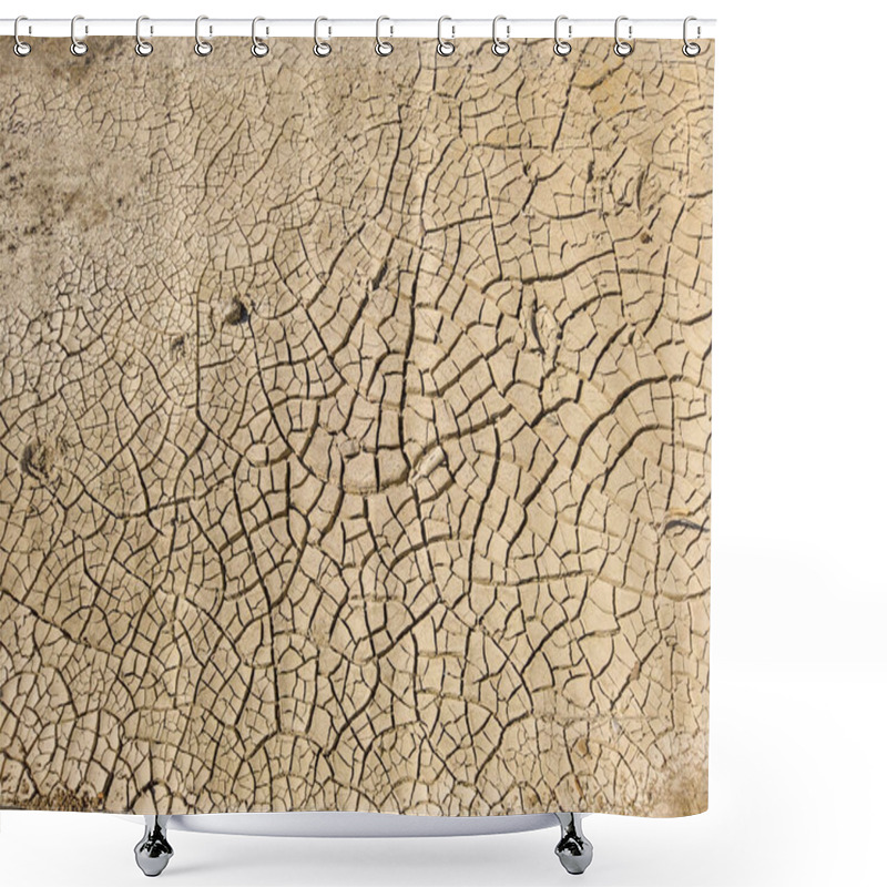 Personality  Overhead Top View Of Dry Arid Soil With Cracks During Intense Heat. Lack Of Water On Agriculture Field. Concept Of Global Warming. Shower Curtains